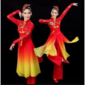 Red with gold gradient Chinese Folk Classical dance costumefor Women New Year Celebration Dragon gong  drum corps drumming dance costume Square dance costume 
