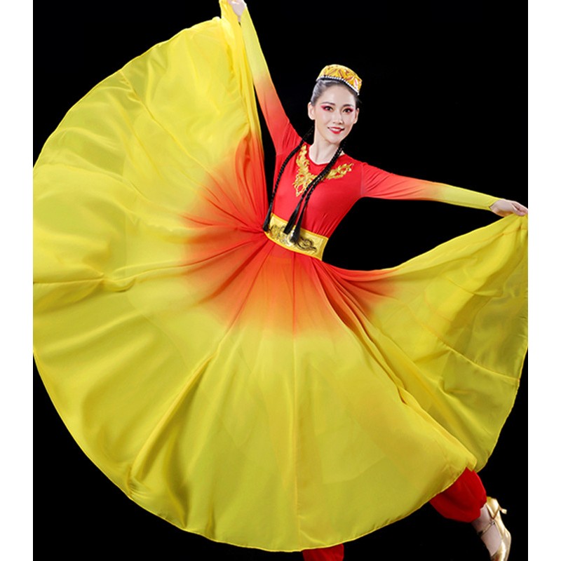 Red with gold gradient Chinese Xinjiang dance dress for women Uyghur dance costume performance Ethnic clothing Female Hui Uighur big swing skirt