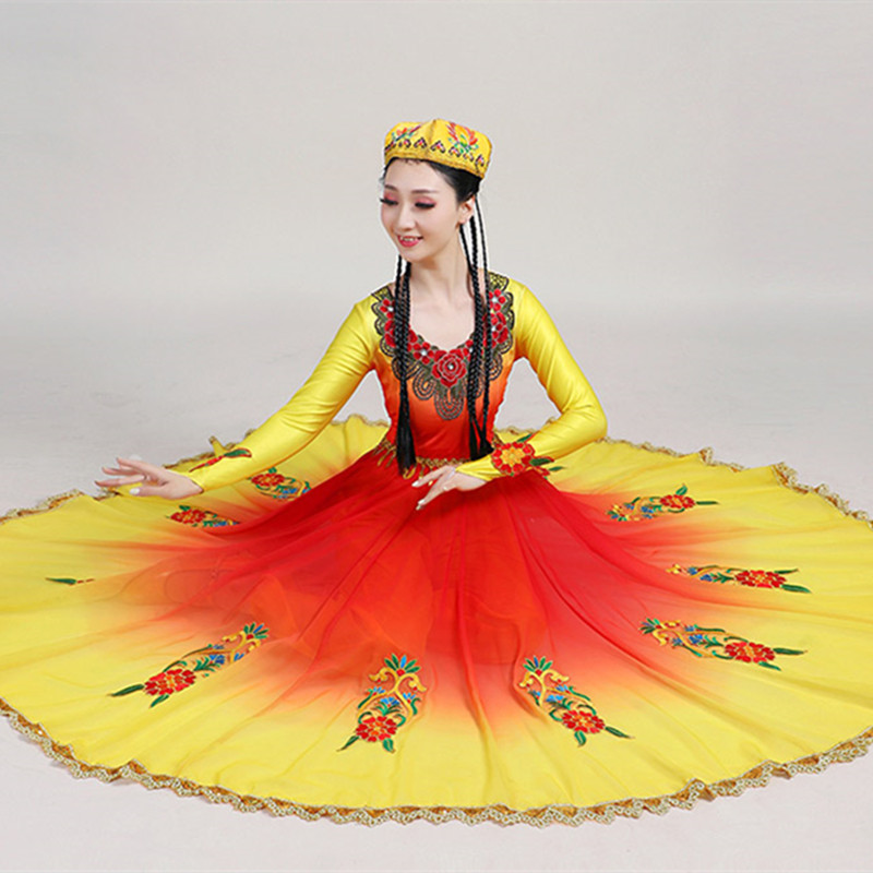 Red with gold Xinjiang dance dresses for women girls chinese folk dance costumes opening dance big swing skirt Uyghur dance performance costume art test annual meeting Dress