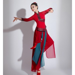 Red with green chinese folk dance costumes for women girls classical dance suit yangge fan umbrella waist drum performance clothes for female