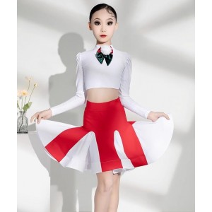Red with white ballroom dance dresses for girls kids children dark green bowknot latin dance costumes modern dance outfits for Kids