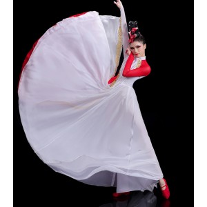 Red with white chinese folk classical dance costumes flamenco dress Chinese Fan Umbrella Dance Opening dance big swing skirt choir long dress