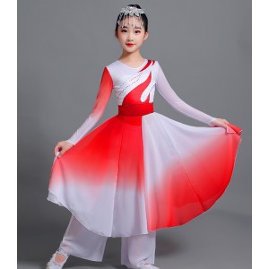 Red with white chinese folk dance dress for girls chinese wushu martial art performance dresses Children's drum dance clothes  yangko fan umbrella dance costumes