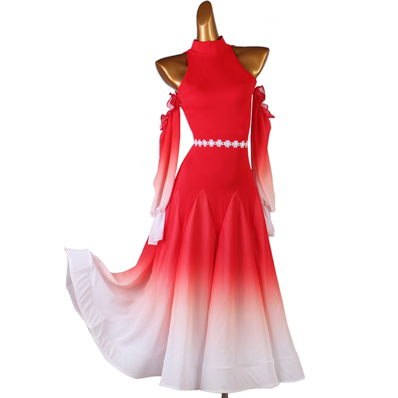 Red with white gradient color ballroom dance dress for women girls with lace sashes long hollow shoulder sleeves tango waltz smooth foxtrot dance dress 