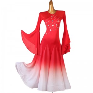 Red with white gradient competition ballroom dance dresses for women girls gemstones handmade tango waltz flamenco rhythm dancing long gown for lady