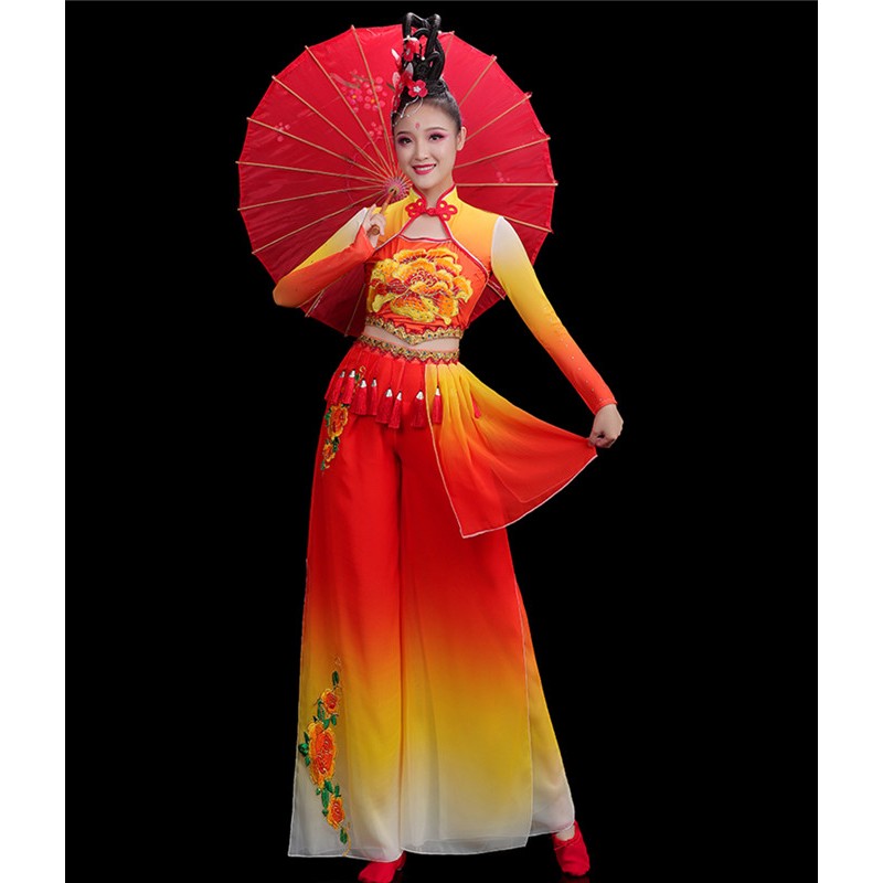 Red with yellow Chinese Folk Dance Dress for Women Girls Traditional Classical Yangge drum dance performance costumes female fan umbrella dance clothes classical dance suit