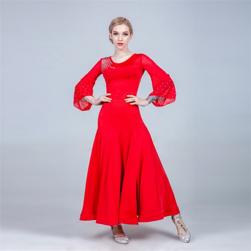 Red women girls ballroom dancing dresses tango waltz modern dance dresses