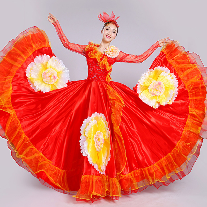 Red yellow flamenco dance dress for women spanish bull dance paso double Opening dance big swing skirt female long skirt petals ballroom dance dress for female