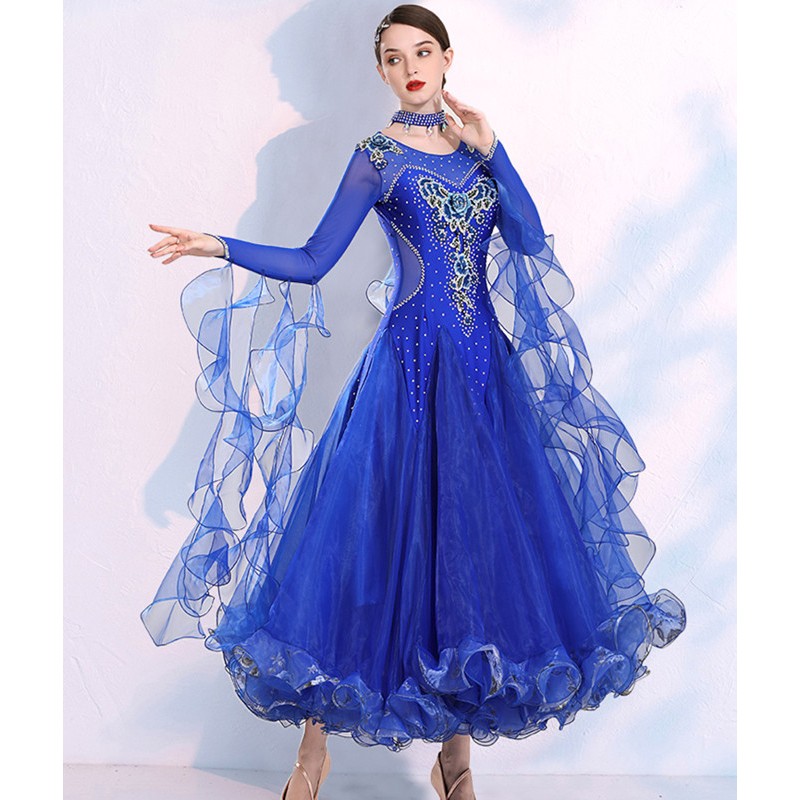 Royal blue ballroom dance dresses for women female competition professional stage performance rhinestones foxtort waltz tango dance gown