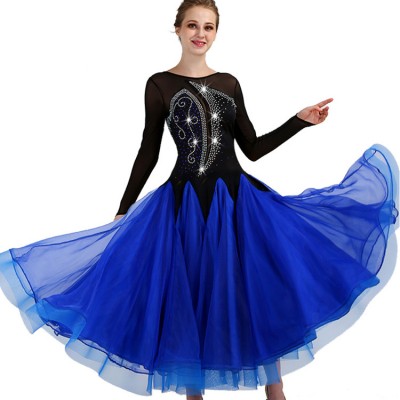 Royal blue ballroom dresses diamond long length long sleeves competition waltz tango rumba dancing dresses