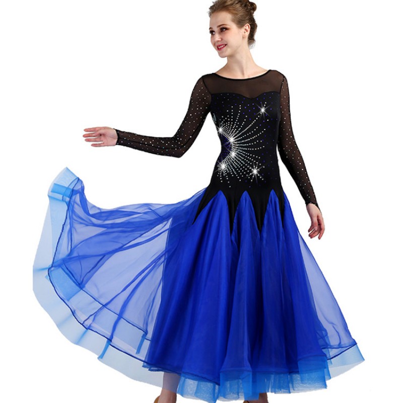 Royal blue ballroom dresses diamond long sleeves competition ...