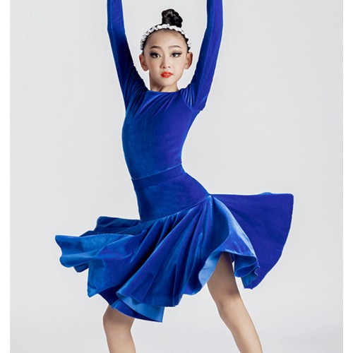 Royal blue Black Latin dance Dresses for Girls kids Children juvenile long-sleeved ballroom dancing costumes test grading competition clothes For Toddlers