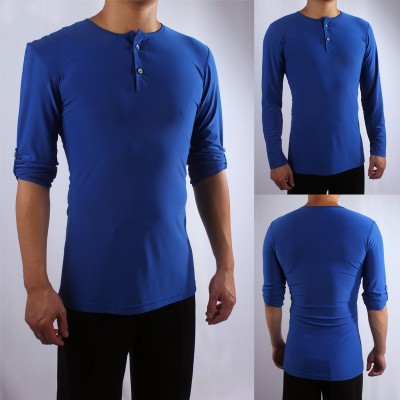Royal blue colored ballroom latin dance shirts for men youth competition stage performance waltz tango dance tops 