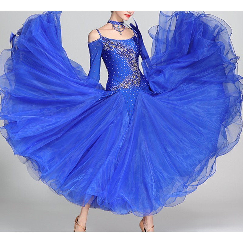 Royal blue competition ballroom dancing dresses for women girls waltz tango flamenco foxtrot smooth dance bling long skirts for female