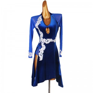 Royal blue competition latin dance dresses for women girls diamond embroidered flowers competition salsa chacha rumba dance costumes skirts