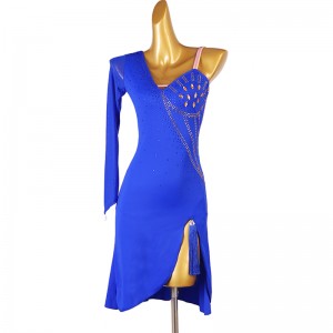 Royal blue competition latin dance dresses for women girls slant neck salsa rumba chacha samba stage performance costumes for female
