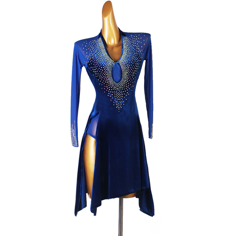 Royal blue competition velvet with mesh rhinestones latin dance dresses for women girls v neck long sleeves latin dance wear rumba salsa chacha dance dress for lady 