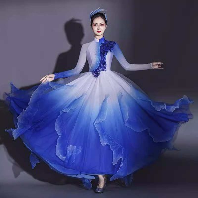 Royal blue flamenco dance dresses for women girls opening dance big swing skirt chinese ancient traditional classical dress Annual meeting dance costumes singing dance tutu