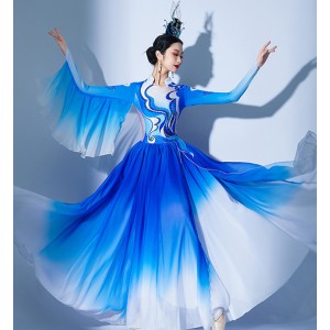 Royal blue gradient chinese folk dance dress for women girls float sleeves modern dance costumes Classical choir modern dance group dance long skirts