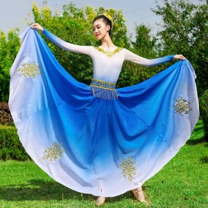 Royal Blue Gradient Chinese Xinjiang dance dresses for women girls ethnic Minority Uyghur big swing skirt art exam solo dance performance costume