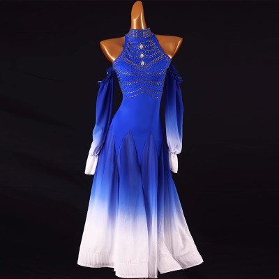 Royal blue gradient halter neck competition ballroom dance dresses for women girls with gemstones waltz tango backless flamenco foxtrot smooth dance long gown for female