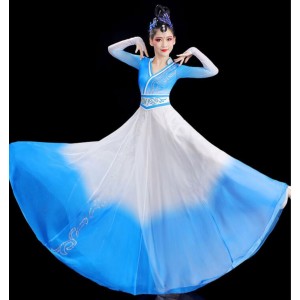 Royal blue Gradient Mongolian dance Dresses for women girls  Mongolian robe chinese classical dance costume chinese folk flowing ethnic dance skirts