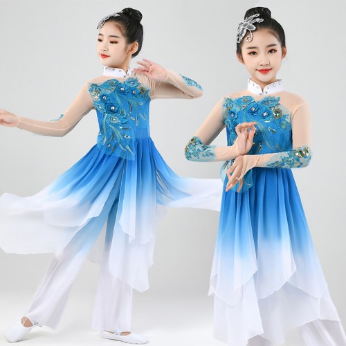 Royal blue Green Fuchsia Gradient Colored Chinese Folk Dance Dresses for Girls kids Hanfu Ancient Traditional Fan Umbrella dance Costumes  For Children
