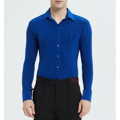 Royal blue latin ballroom dance shirts for men youth salsa waltz tango dancing long sleeves stretchable tops for man
