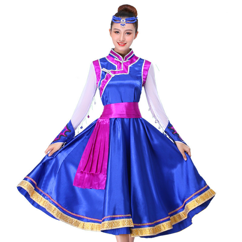 Royal blue mongolian dance costumes mongolia minority stage performance drama cosplay robes dresses
