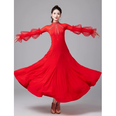 Royal blue red black competition ballroom dance dresses for women girls long lantern sleeves tango rhythm foxtrot smooth dance long gown for female