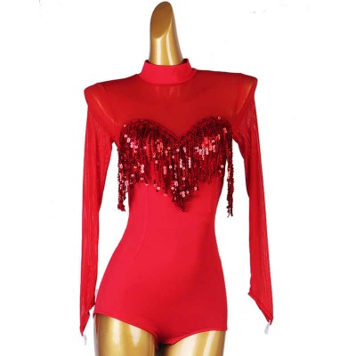 Royal blue red black tassels sequins latin ballroom dance bodysuits tops for Women Girls Salsa Chacha Rumba Performance leotard outfits for female
