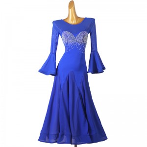 Royal blue rhinestones competition ballroom dance dress for women girls waltz tango foxtrot smooth dance long swing dresses