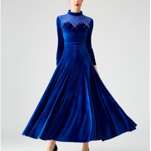 Royal blue velvet competition ballroom dance dresses with diamond for women girls professional waltz tango long length dress for female