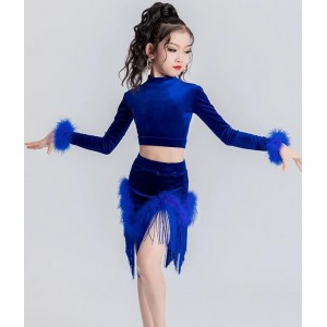 Royal blue velvet feather latin ballroom dance dresses for kids children salsa rumba chacha tango latin stage performance costumes for Girls 