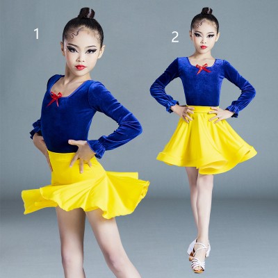 Royal blue velvet with yellow latin dance dresses for girls kids juvenile ballroom salsa chacha dance costumes for children