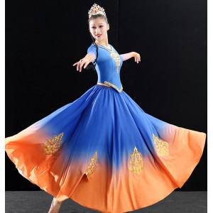 Royal blue with orange Xinjiang dance dresses chinese folk dance costumes Uighur opening dance big swing skirt for women