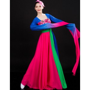 Royal blue with pink water Sleeve chinese folk dance costume female plucking classical  fairy princess dance performance costumes for women