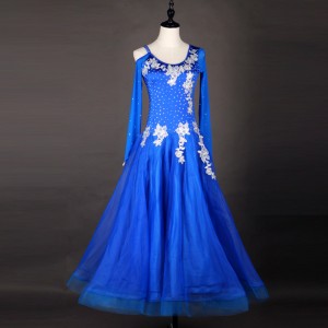 Royal blue with white embroidered flowers ballroom dancing dress for women girls gemstones waltz tango foxtrot smooth dance long dress for woman