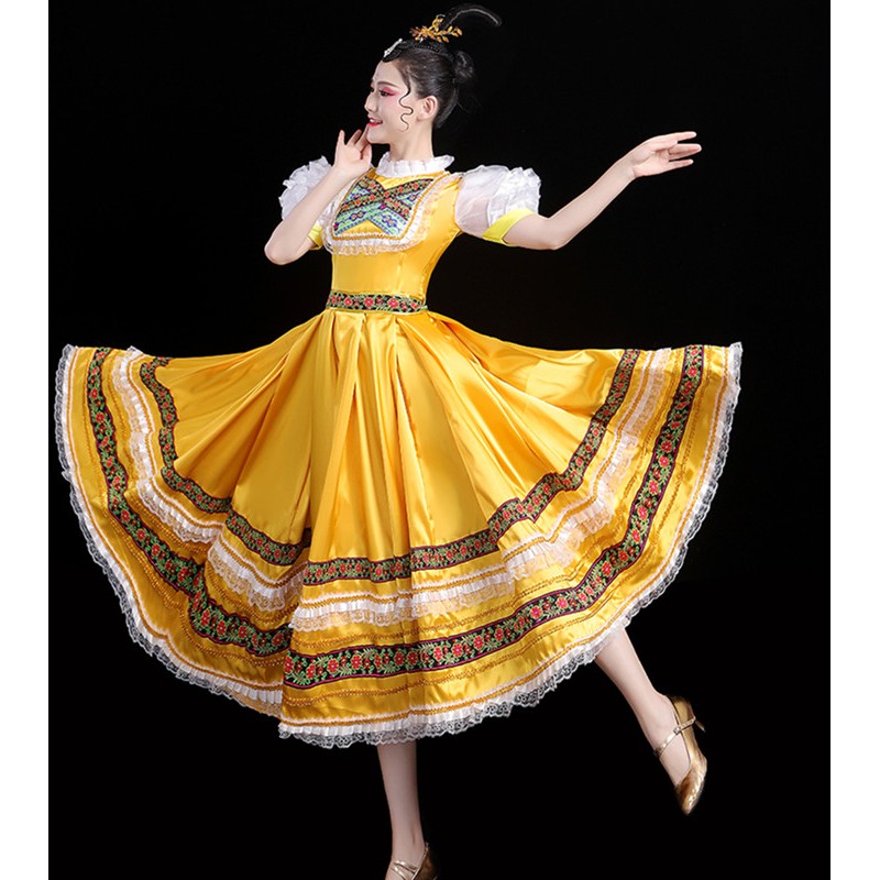 Bulk Persecute Banquet Russian national European palace dance performance dress for women girls  yellow Maid cosplay costume stage opening dance big swing skirt-  Material:polyester Content: only dress (no other access