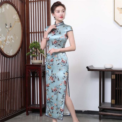 Silk cheongsam Chinese  Dresses Qipao for women High-end mulberry silk oriental green floral retro long dress for singers miss etiquette host