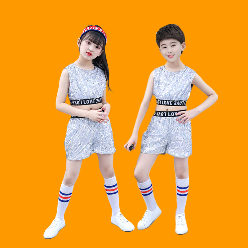Silver purple paillette modern dance costumes for kids baby toddlers hiphop gogo dancers dance outfits preschool chorus clothes for boys girls