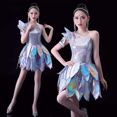 Silver sequins laser leather glitter jazz dance dresses for women young girls one shoulder gogo dancers stage performance dj ds night club singers dancing outfits for female