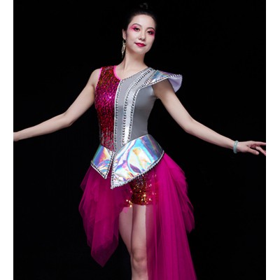 Silver with fuchsia sequined Jazz Dance Costume for women girls singers gogo dancers solo stage performance tuxedo dress  Modern lead dancers Suit