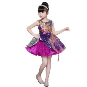 Singer chorus princess modern dance dresses host singers violet paillette stage performance jazz dj ds flowers girls model dancing dresses