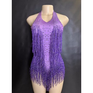 Singer purple blue red pink jazz dance bodysuits gogo dancers Rhinestones gold tassel stretch one-piece triangle high fork jumpsuits Latin stage costume for female