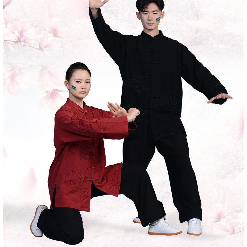 Tai chi clothing chinese kung fu uniforms Cotton ramie wrinkled embroidered long sleeve loose dress tai ji quan performance Costume