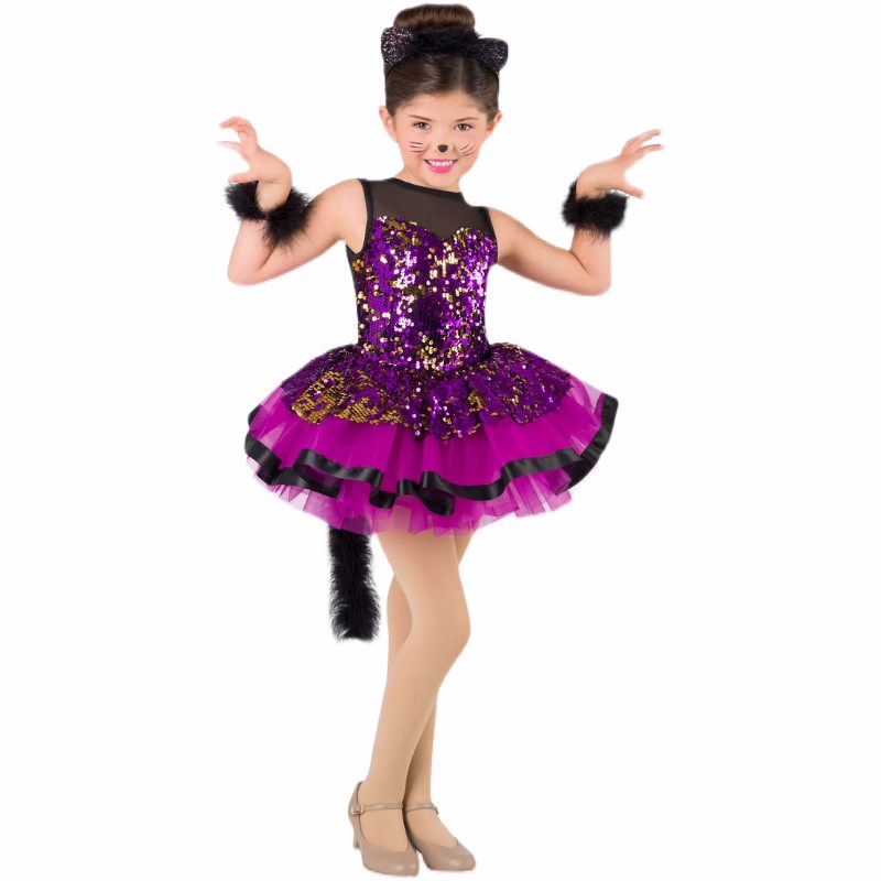 Toddlers baby purple sequin cat cosplay jazz dance costumes tutu skirts drama film Cat puffy skirt photos shooting party performance for infant