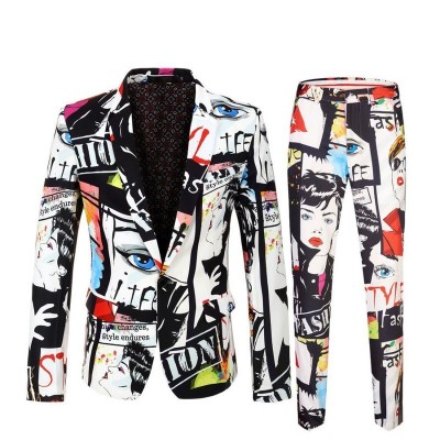 Trendy men's youth fashion nightclub bar singers stage performance printed two-piece suit jacket and pants solo hip-hop slim-fit  model show outfits men's singer costume