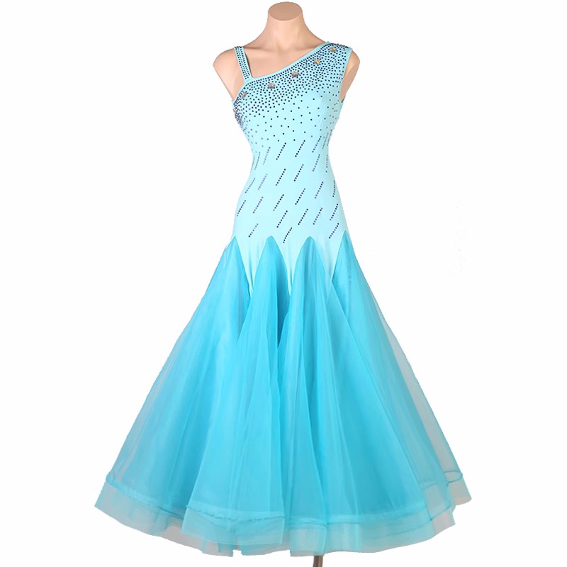 Turquoise aqua blue competition ballroom dance dress for women girls waltz tango foxtrot smooth dance long gown with gemstones for female