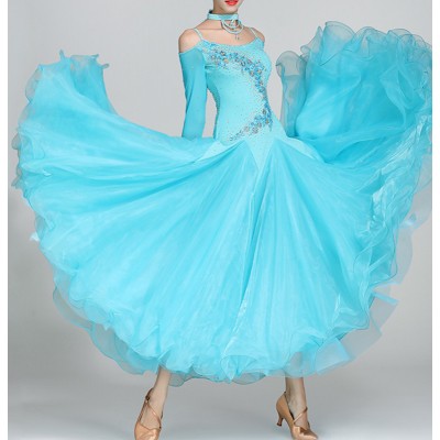 Turquoise Aqua color ballroom dance dresses for women girls competition professional sparkle waltz tango foxtrot smooth dancing long gown for female